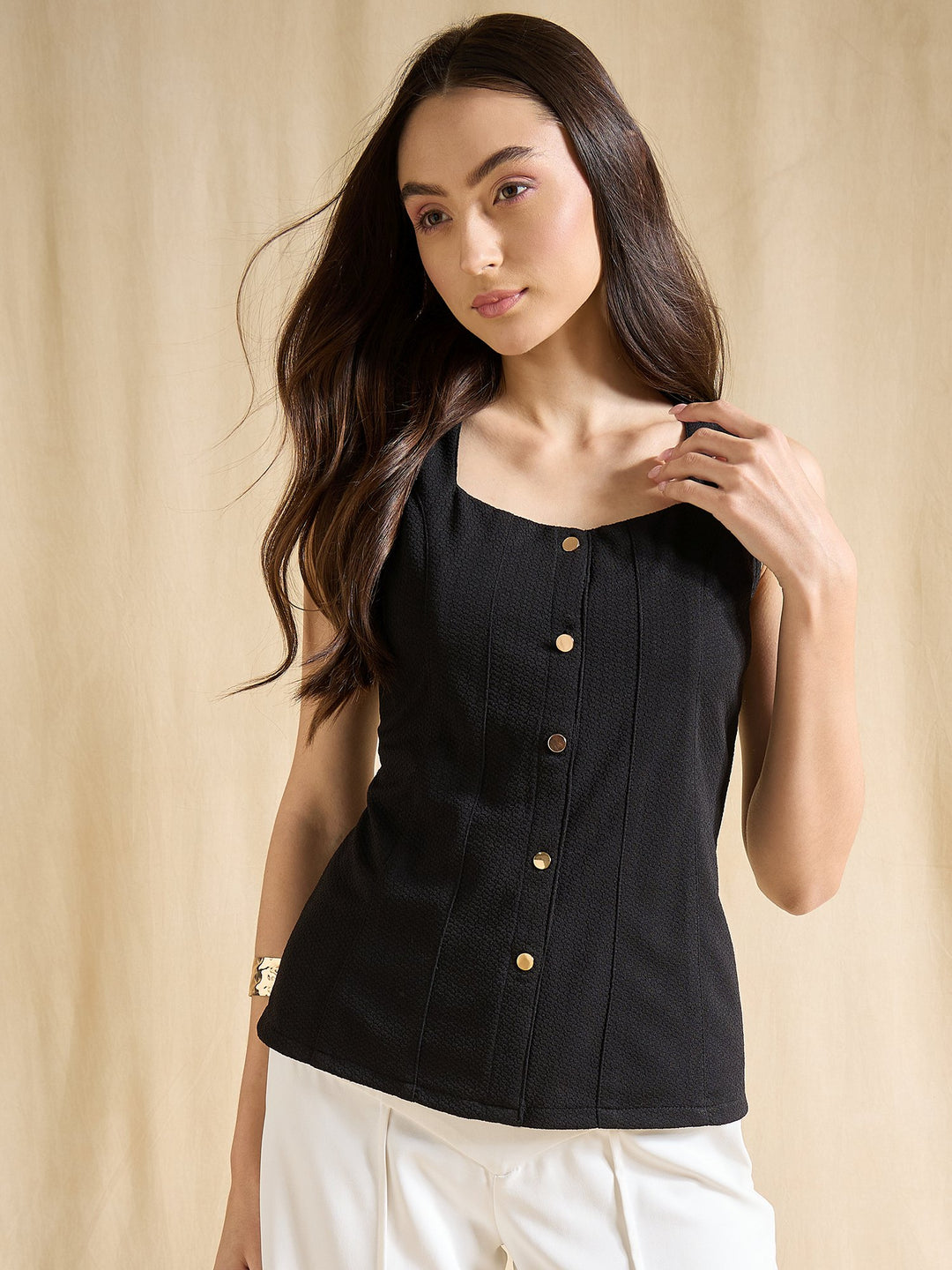Black Sleeveless Button Down Square Neck Fitted Casual Top