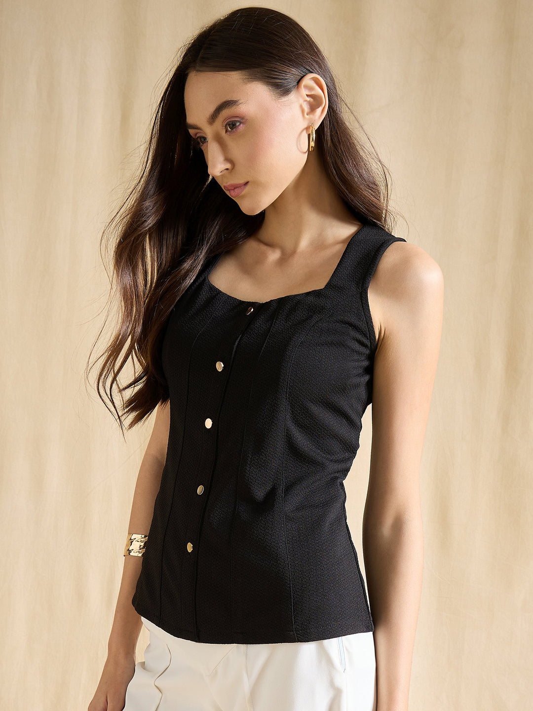Black Sleeveless Button Down Square Neck Fitted Casual Top