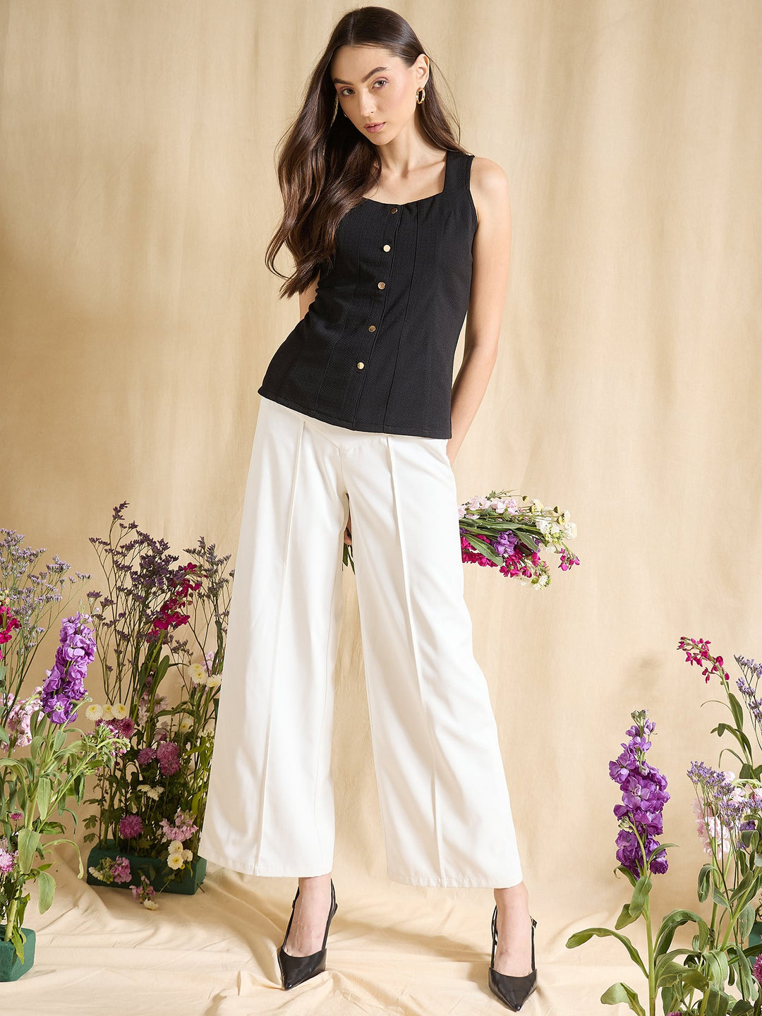 Black Sleeveless Button Down Square Neck Fitted Casual Top