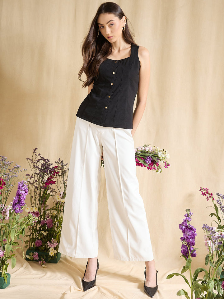 Black Sleeveless Button Down Square Neck Fitted Casual Top