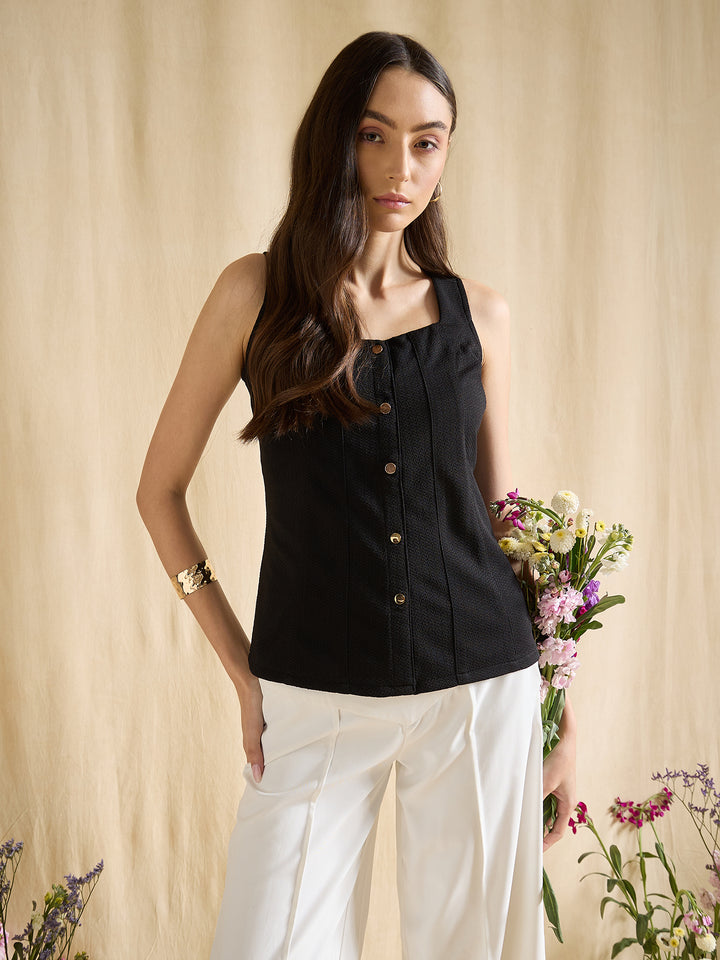 Black Sleeveless Button Down Square Neck Fitted Casual Top