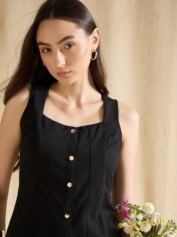 Black Sleeveless Button Down Square Neck Fitted Casual Top