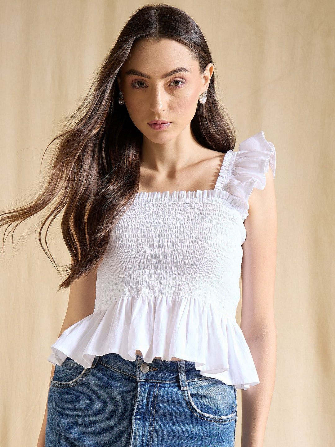 Pink Cotton Smocked Peplum Top with Ruffled Sleeves