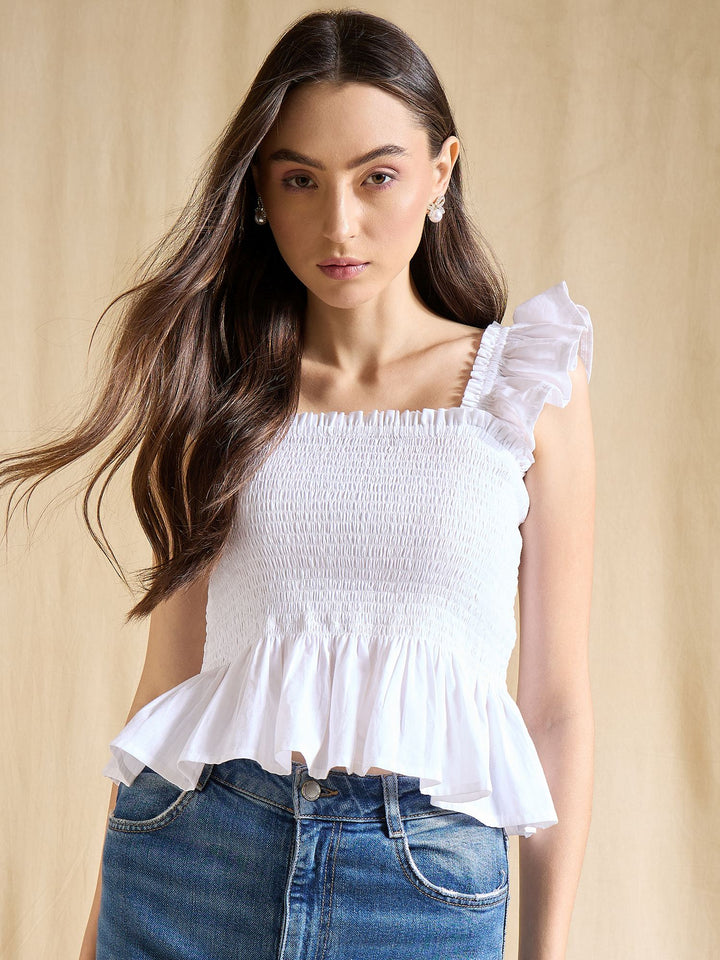 Pink Cotton Smocked Peplum Top with Ruffled Sleeves