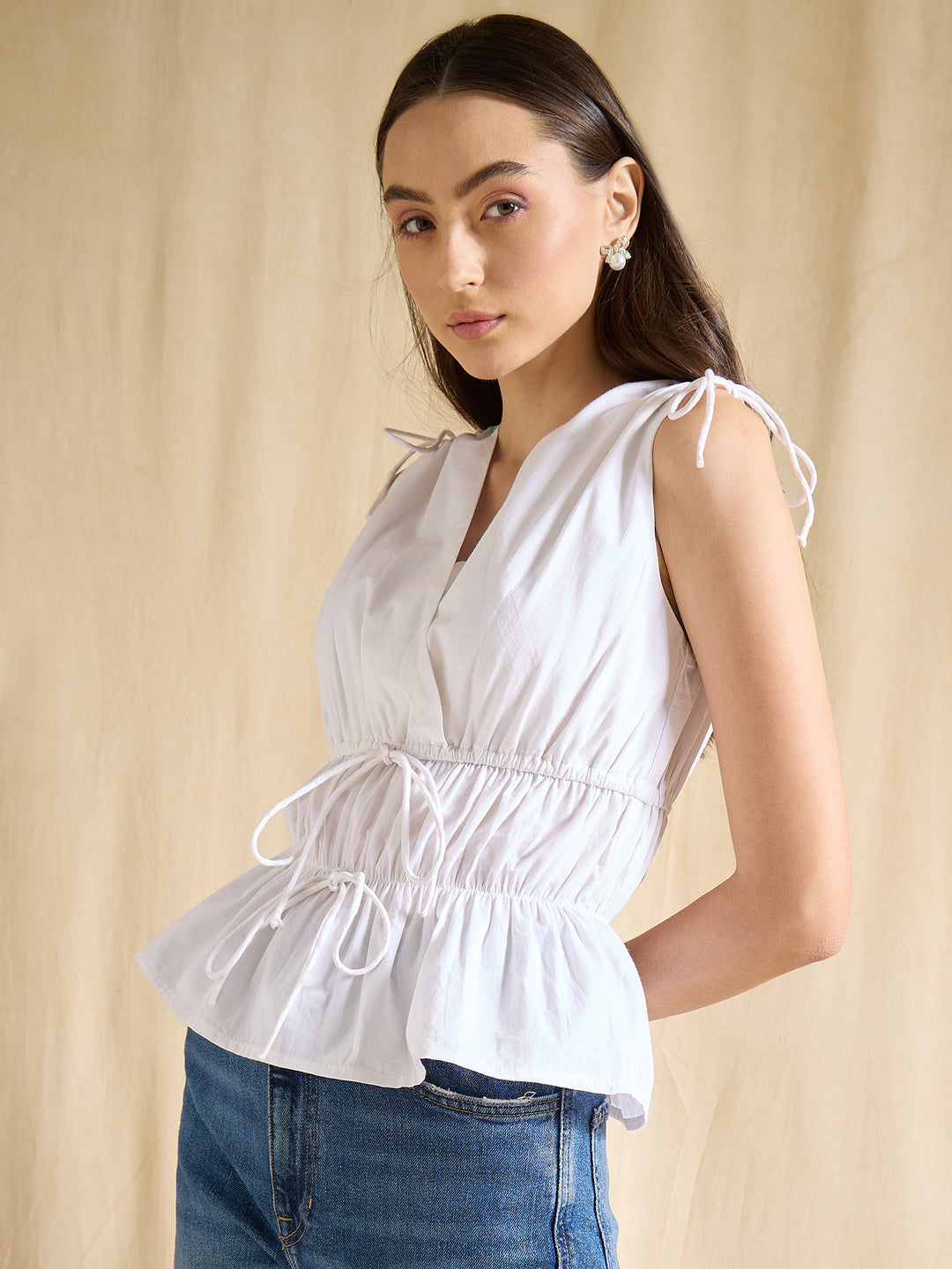 White Cotton Peplum Top with Shoulder Tie-Ups
