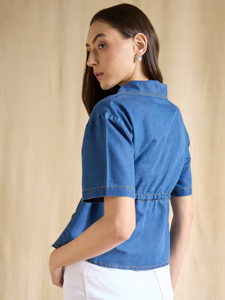 Denim Top with Stylish Tie-Up Waist Short Sleeve Peplum Blue Top