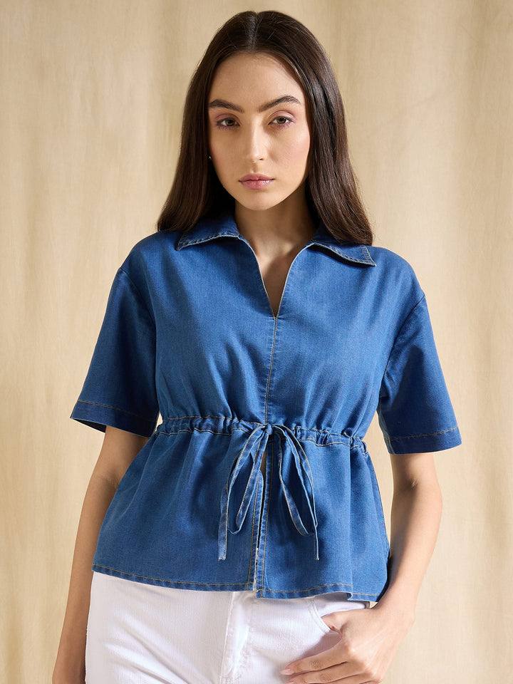 Denim Top with Stylish Tie-Up Waist Short Sleeve Peplum Blue Top