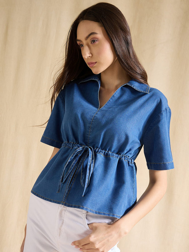 Denim Top with Stylish Tie-Up Waist Short Sleeve Peplum Blue Top