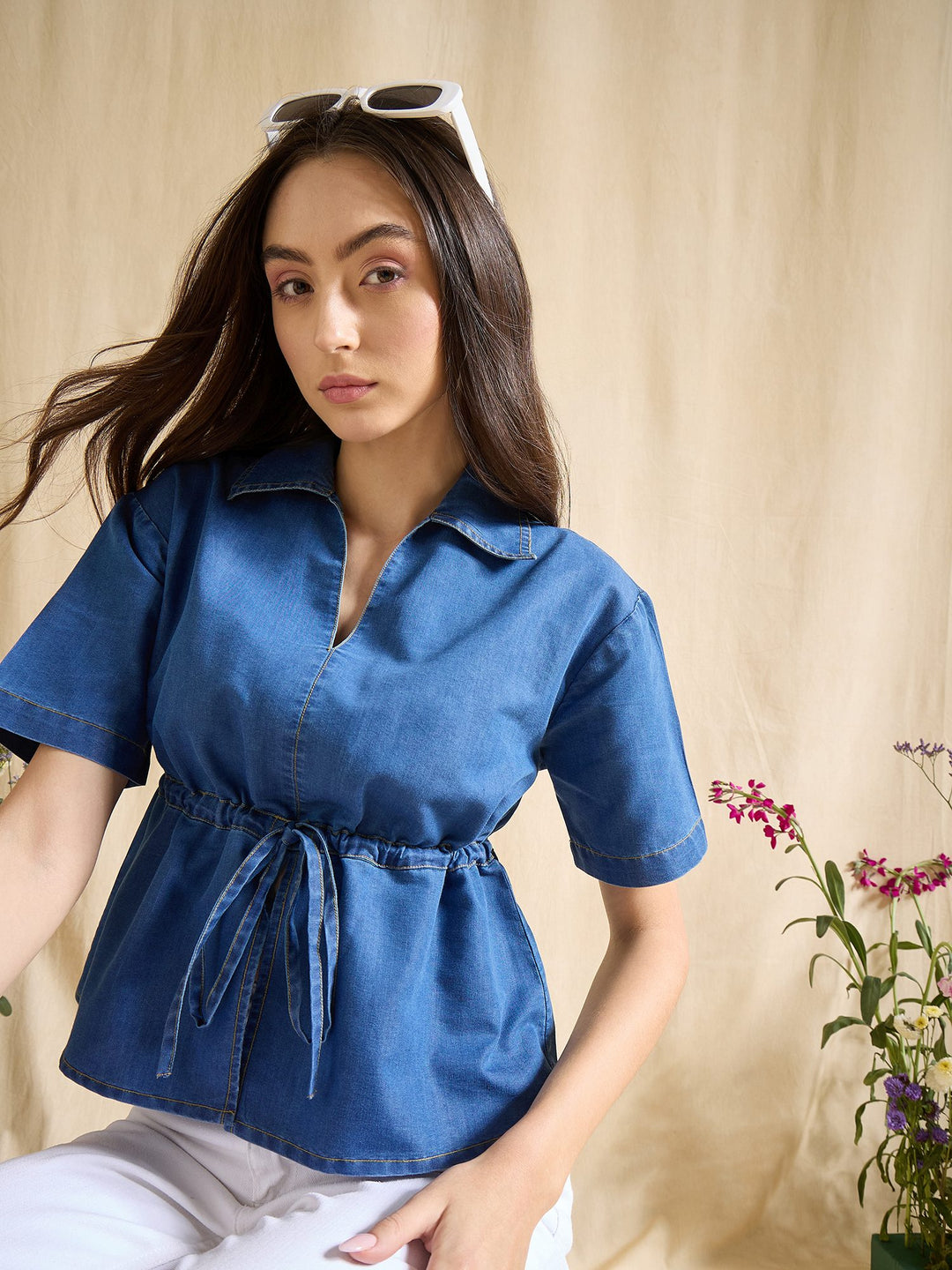 Denim Top with Stylish Tie-Up Waist Short Sleeve Peplum Blue Top