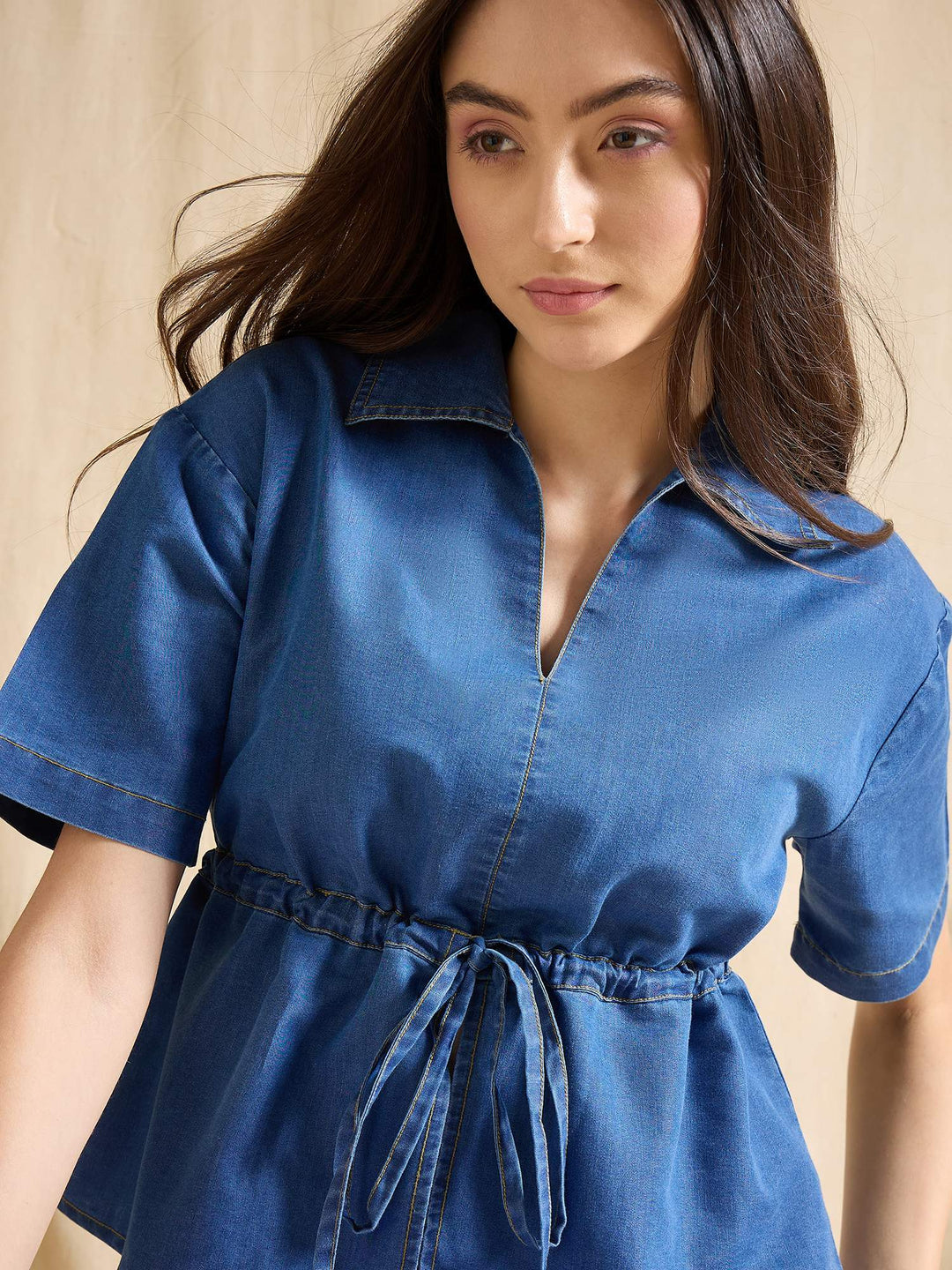 Denim Top with Stylish Tie-Up Waist Short Sleeve Peplum Blue Top
