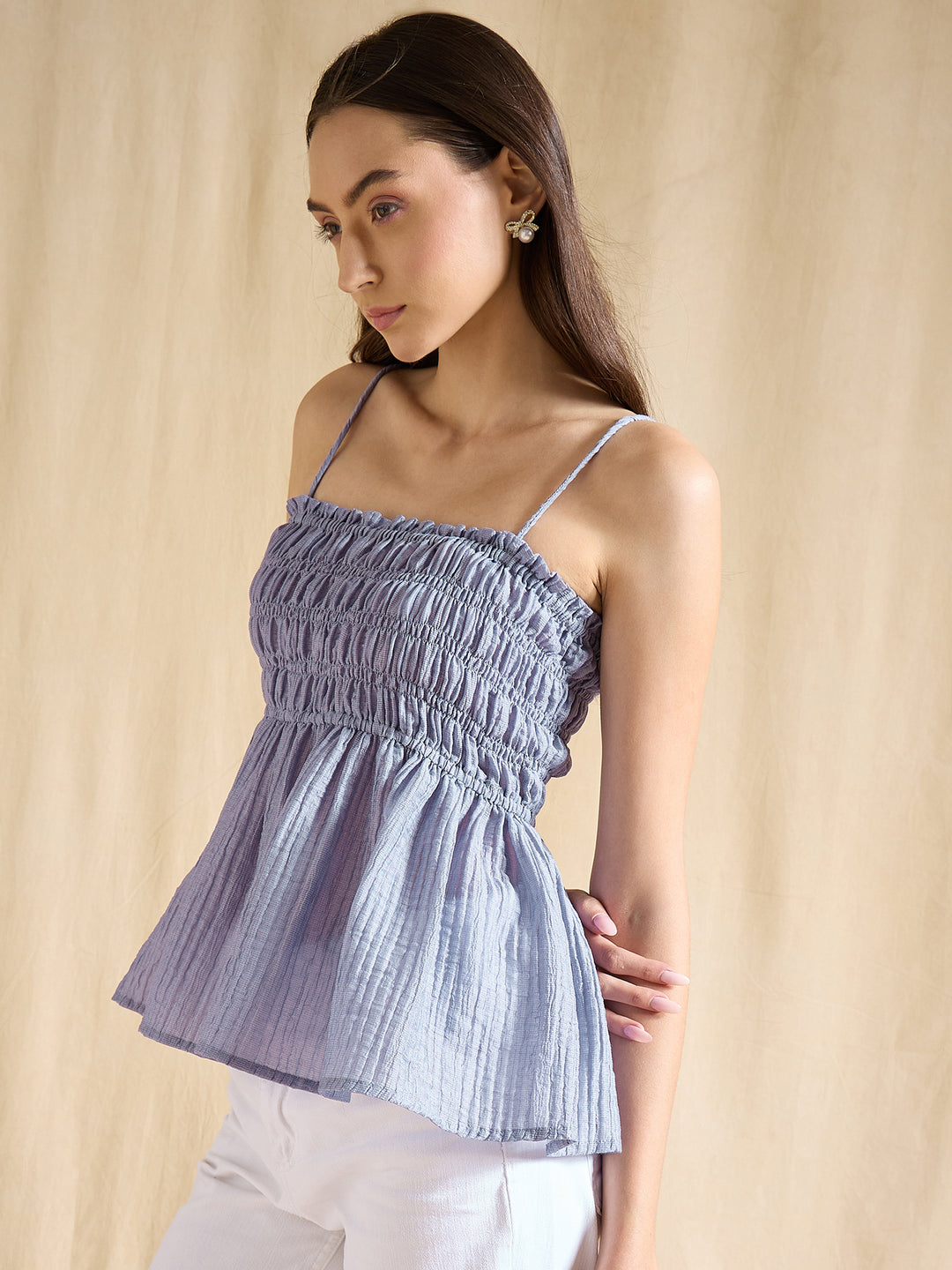 Solid Green Cotton Blend Smocked Peplum Top with Spaghetti Straps
