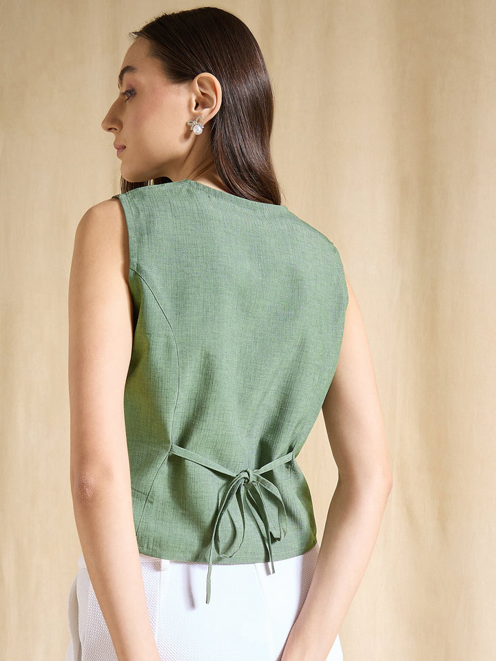 Blue Sleeveless Linen Vest Top with Button Front Design