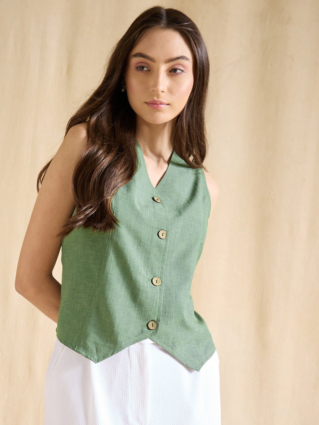 Blue Sleeveless Linen Vest Top with Button Front Design