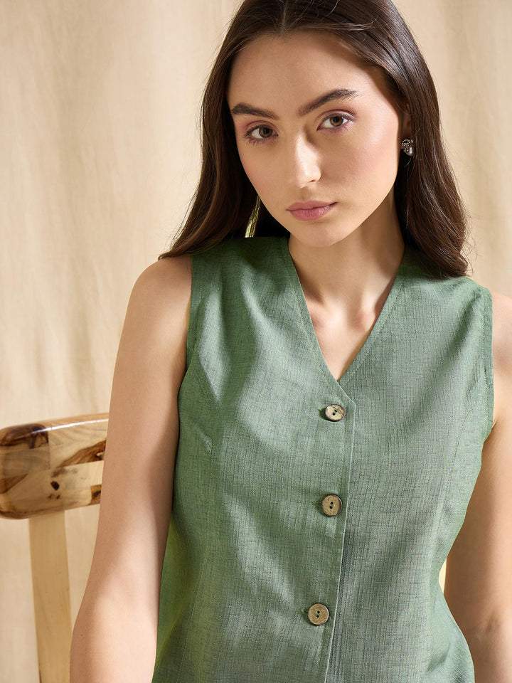 Blue Sleeveless Linen Vest Top with Button Front Design