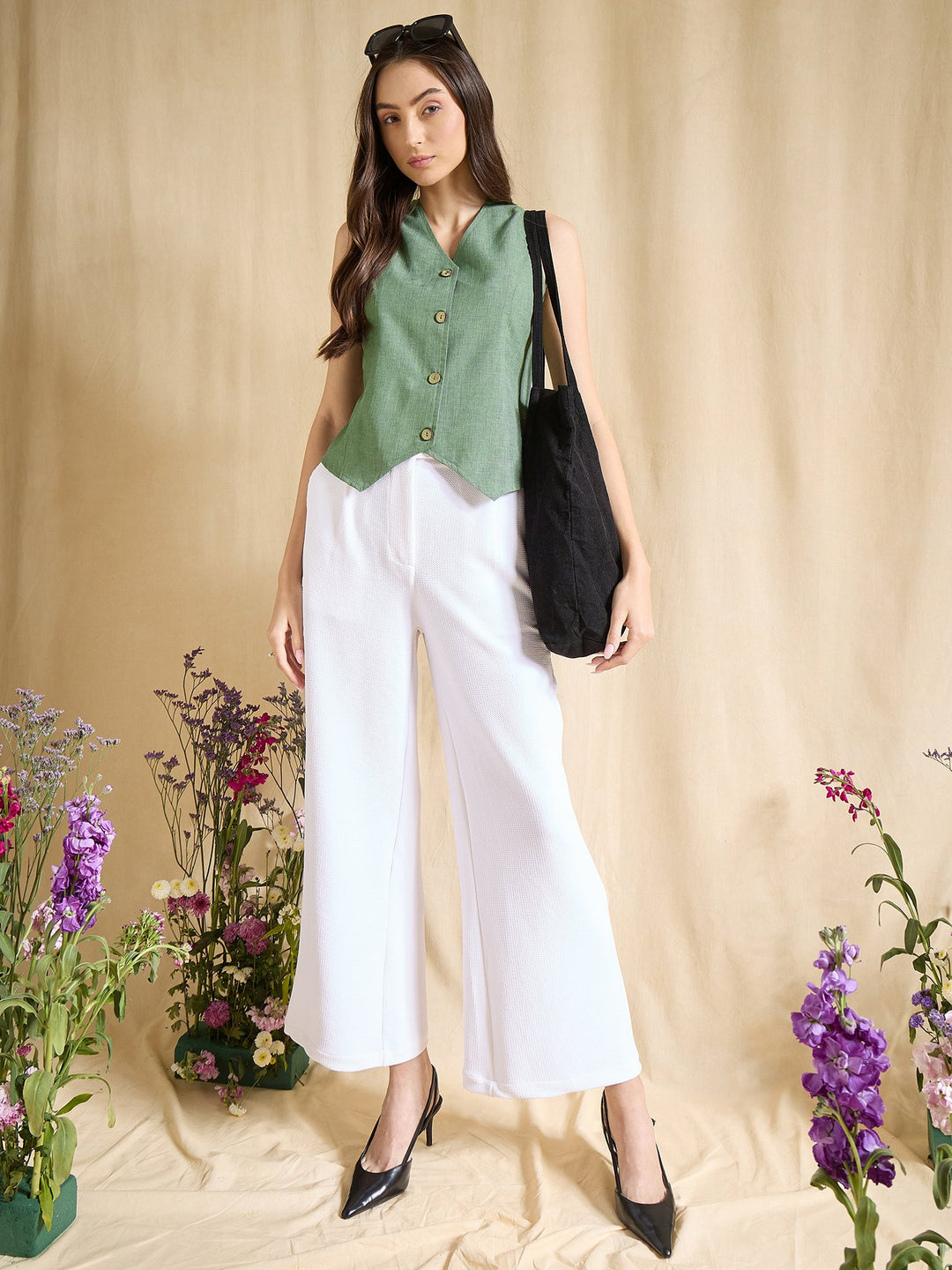 Blue Sleeveless Linen Vest Top with Button Front Design