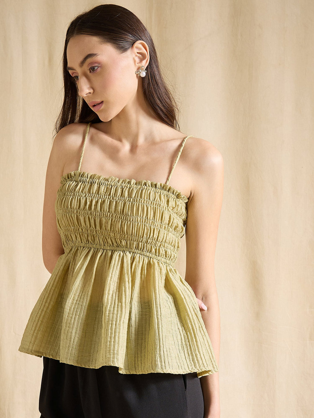 Solid Green Cotton Blend Smocked Peplum Top with Spaghetti Straps