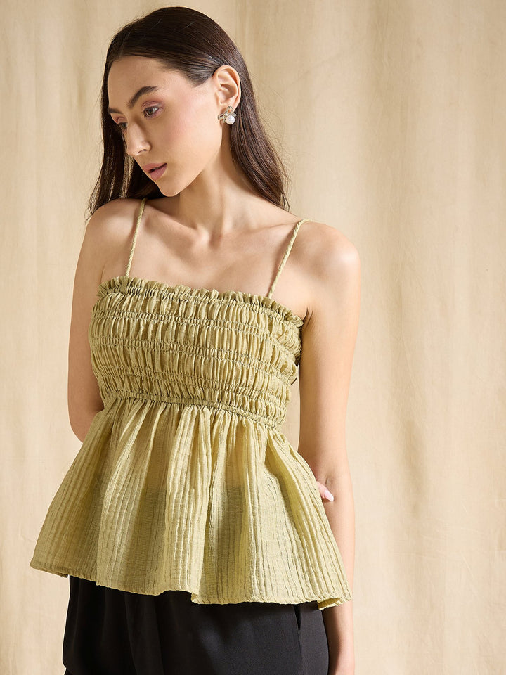 Solid Green Cotton Blend Smocked Peplum Top with Spaghetti Straps