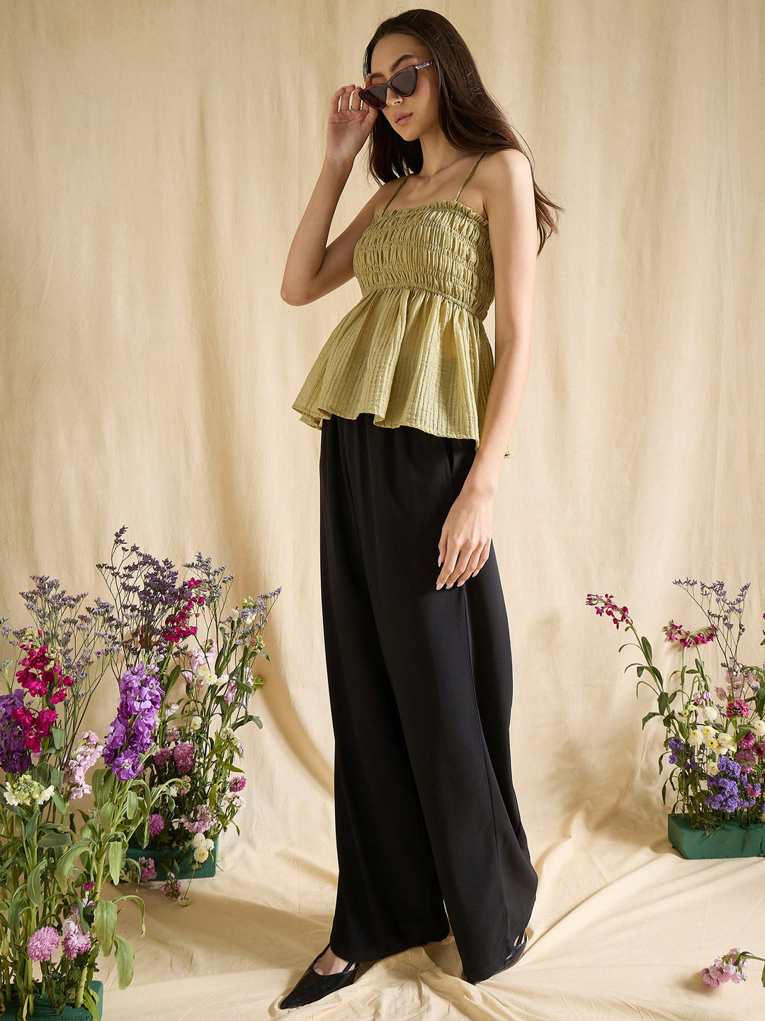Solid Green Cotton Blend Smocked Peplum Top with Spaghetti Straps