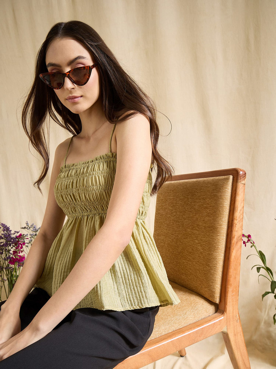 Solid Green Cotton Blend Smocked Peplum Top with Spaghetti Straps