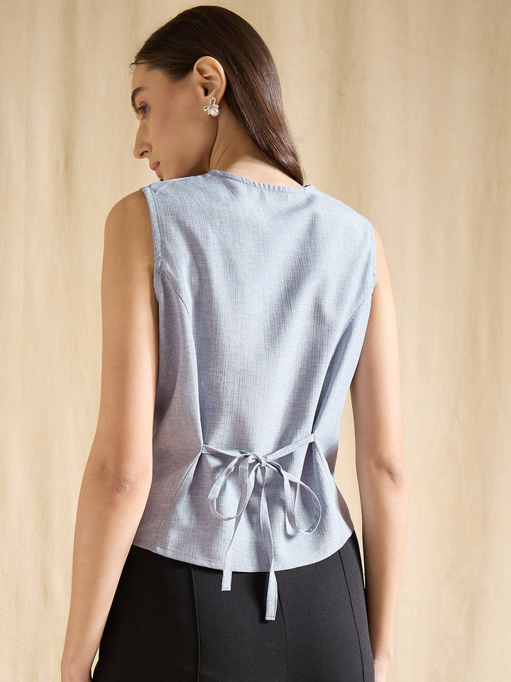 Blue Sleeveless Linen Vest Top with Button Front Design