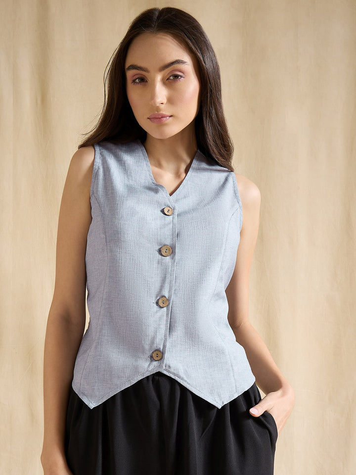 Blue Sleeveless Linen Vest Top with Button Front Design
