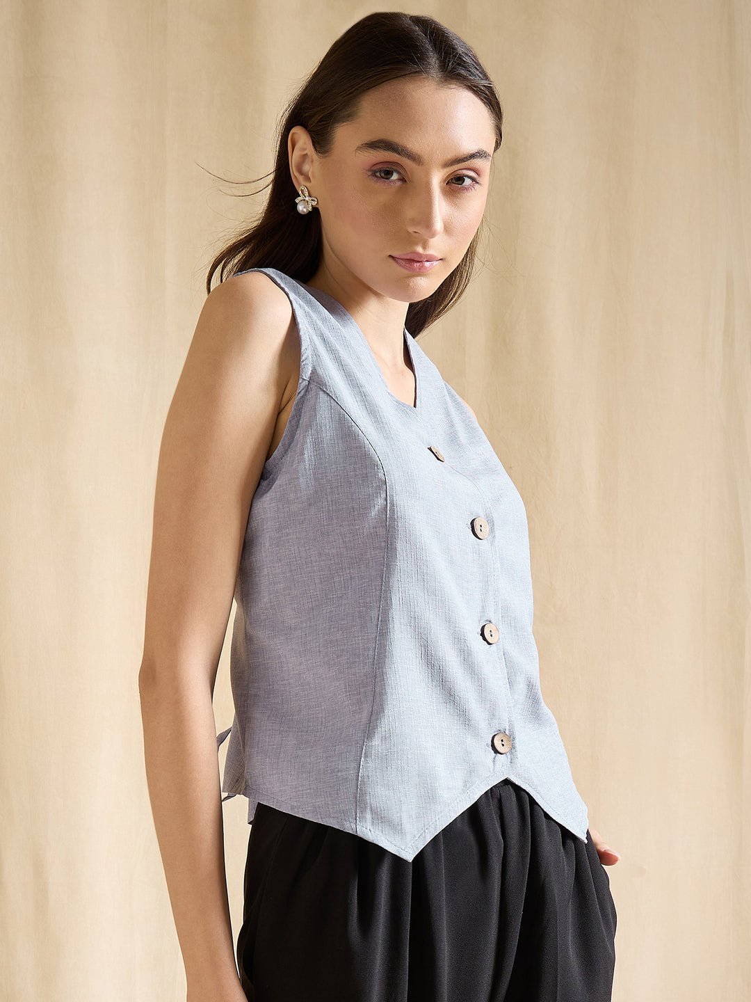 Blue Sleeveless Linen Vest Top with Button Front Design