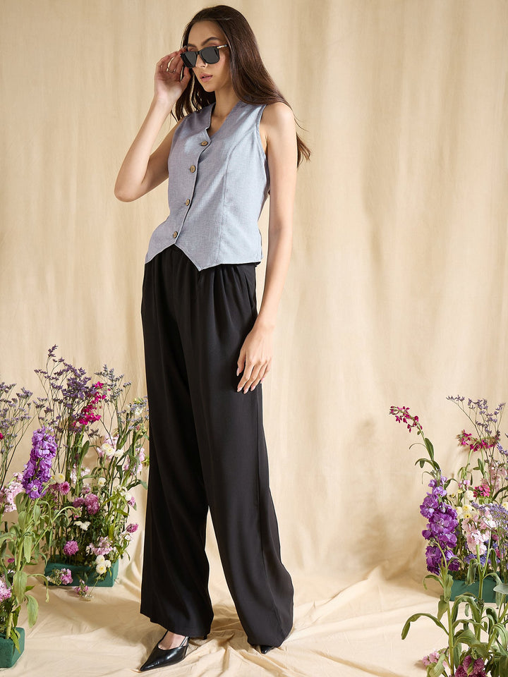 Blue Sleeveless Linen Vest Top with Button Front Design