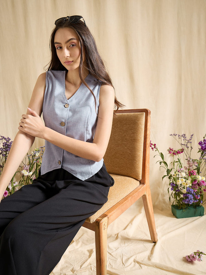 Blue Sleeveless Linen Vest Top with Button Front Design
