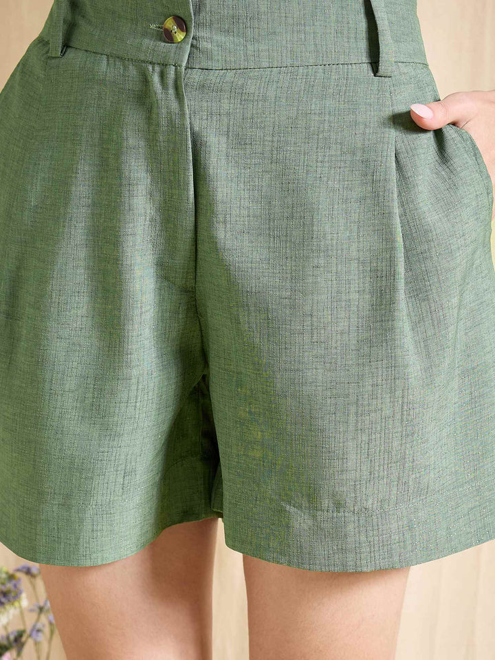 High Waist Blue Tailored Shorts Pleated Casual Summer Wear