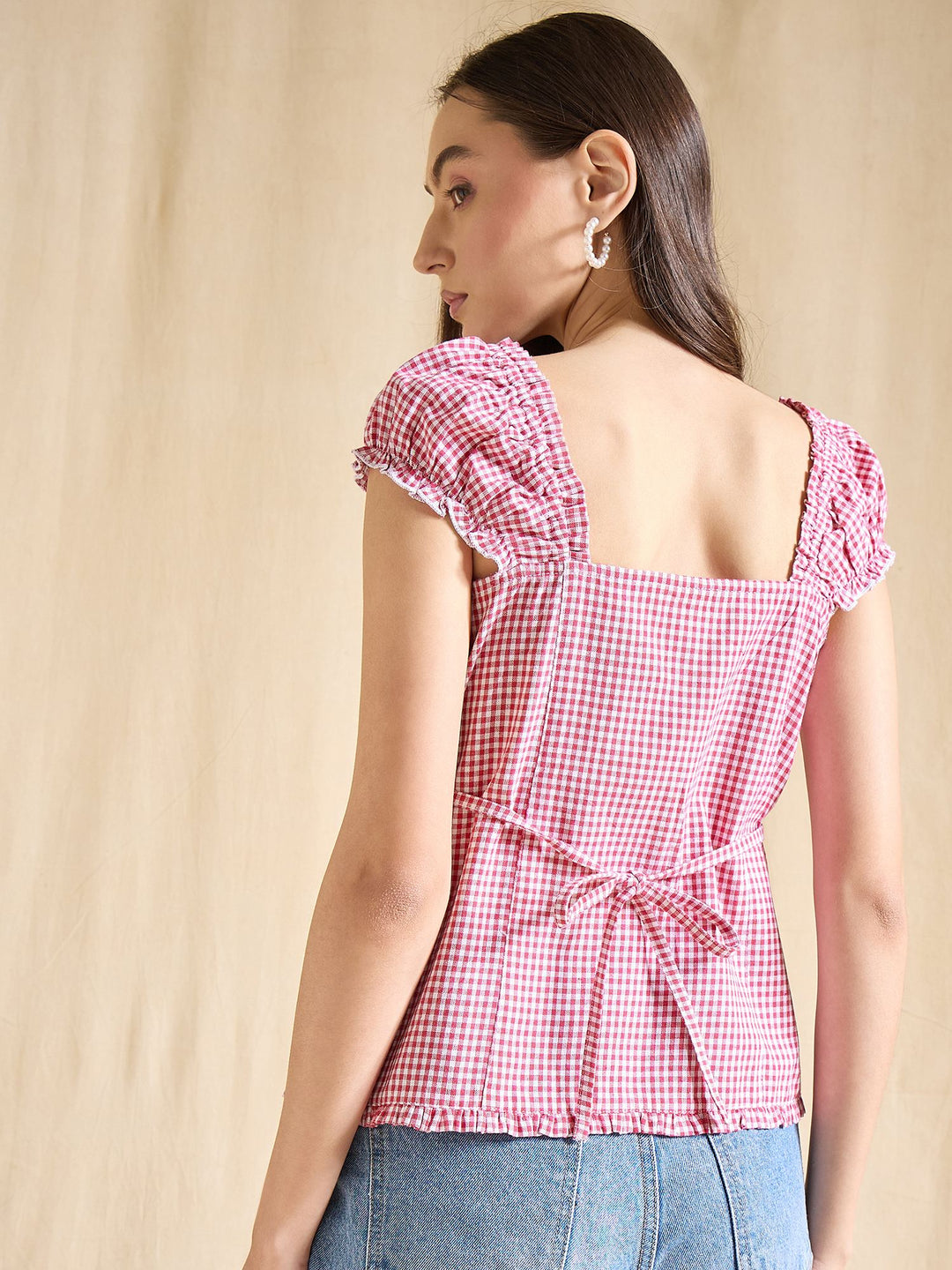 Blue & White Gingham Check Cotton Top with Cap Sleeves