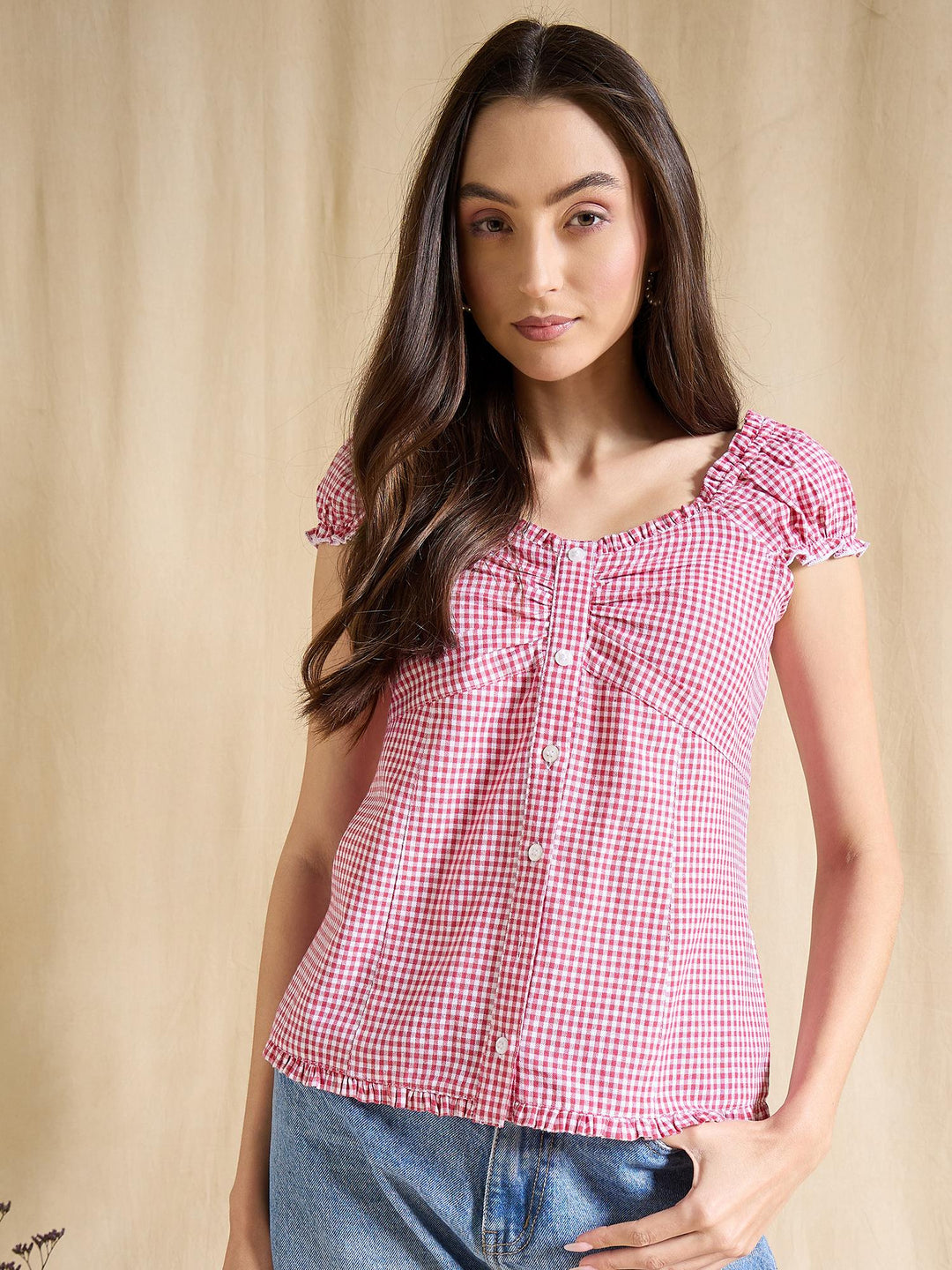 Blue & White Gingham Check Cotton Top with Cap Sleeves