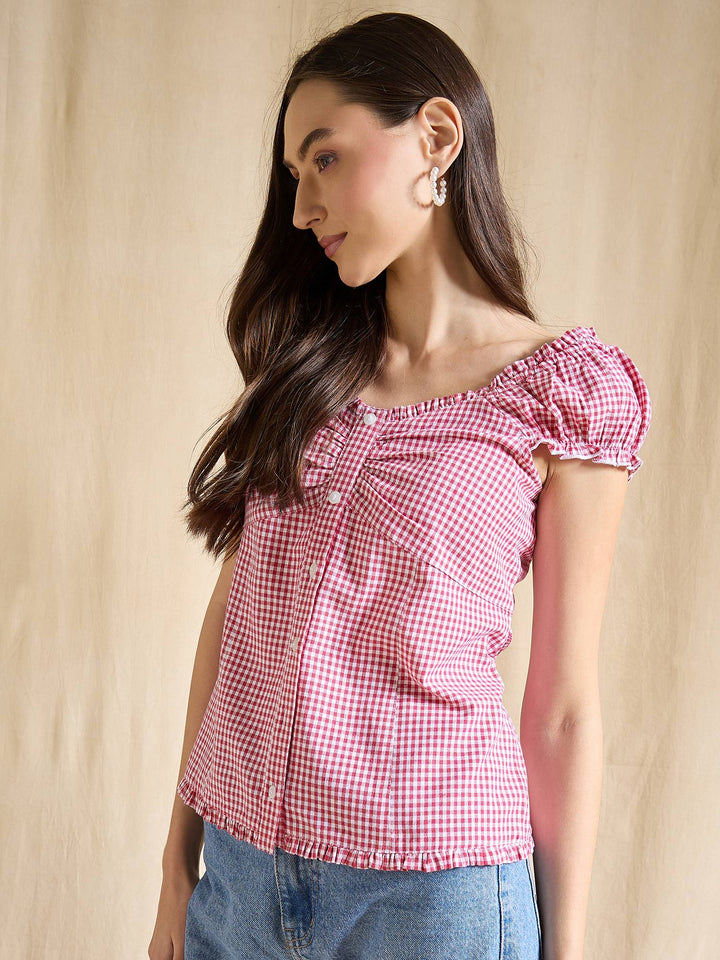Blue & White Gingham Check Cotton Top with Cap Sleeves