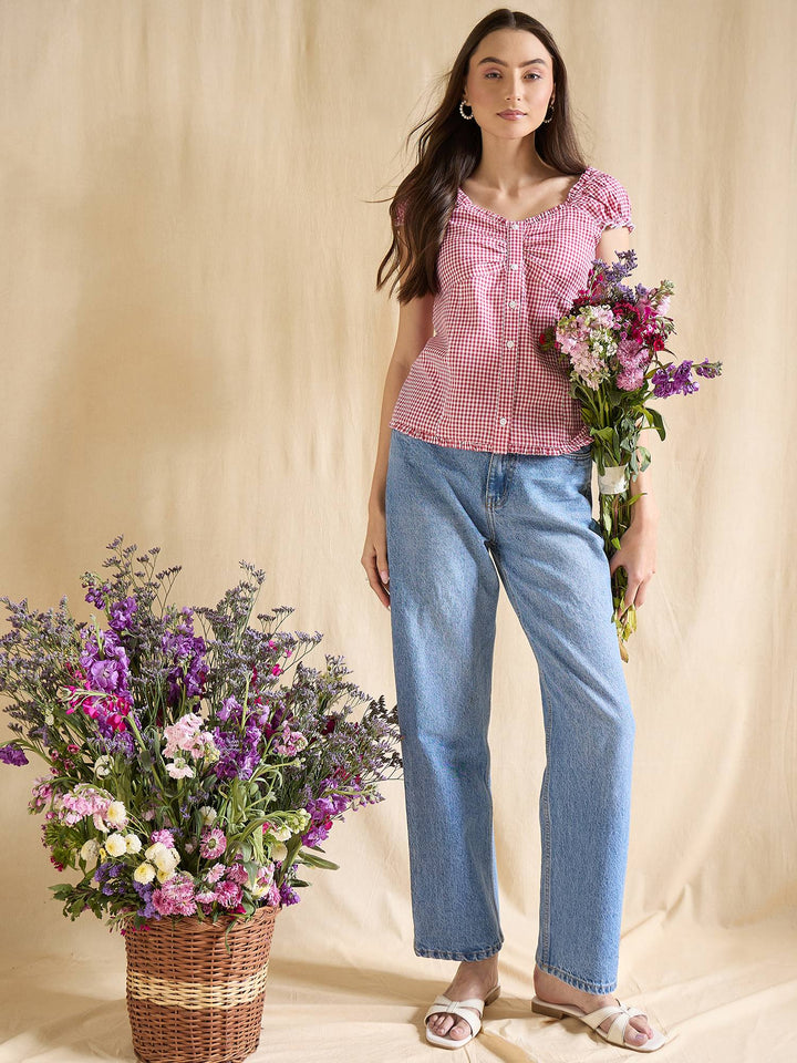 Blue & White Gingham Check Cotton Top with Cap Sleeves