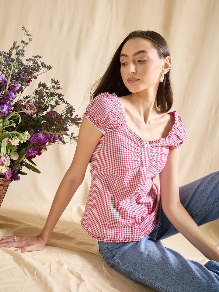 Blue & White Gingham Check Cotton Top with Cap Sleeves