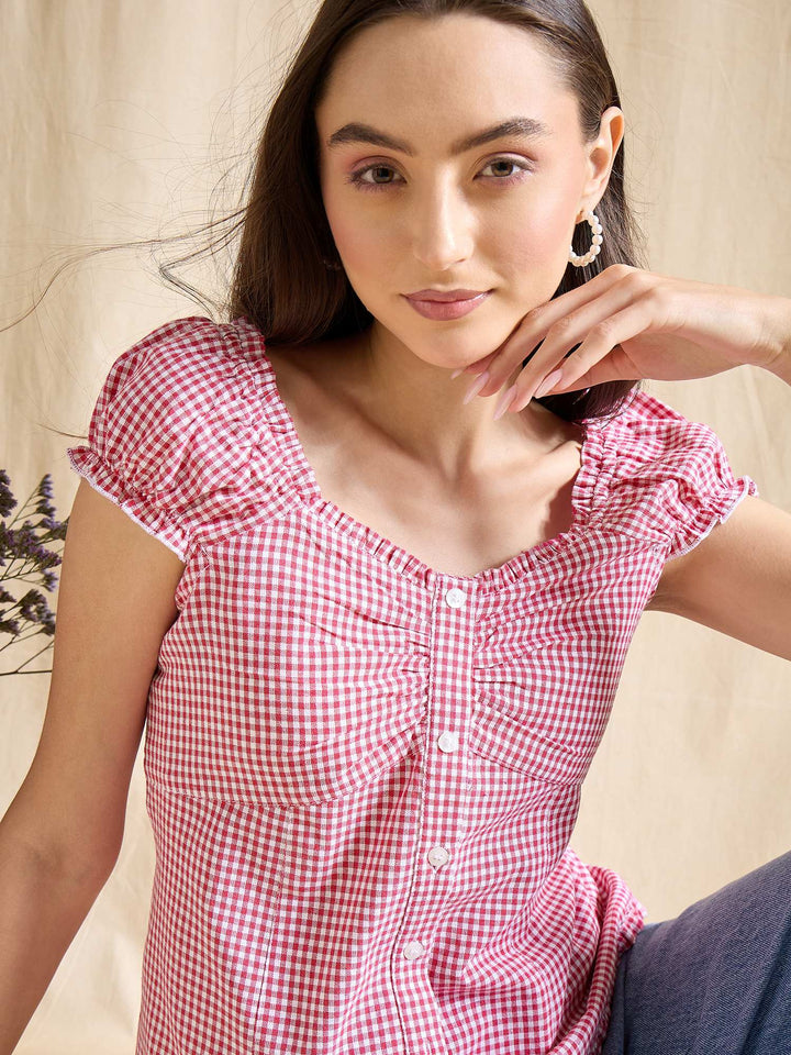 Blue & White Gingham Check Cotton Top with Cap Sleeves