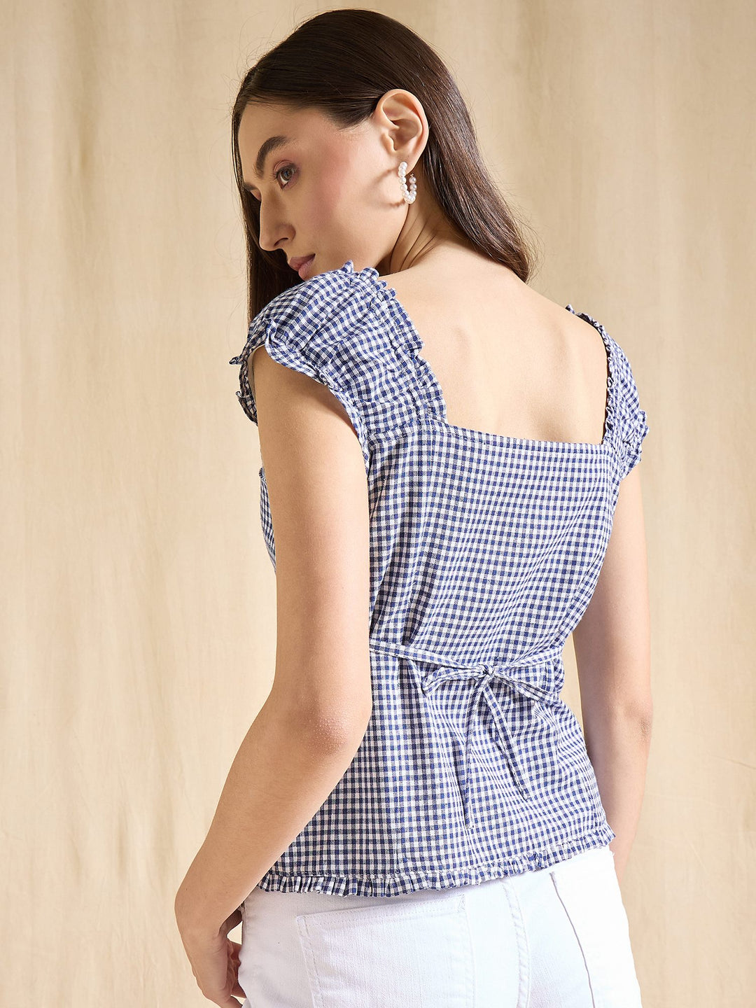 Blue & White Gingham Check Cotton Top with Cap Sleeves