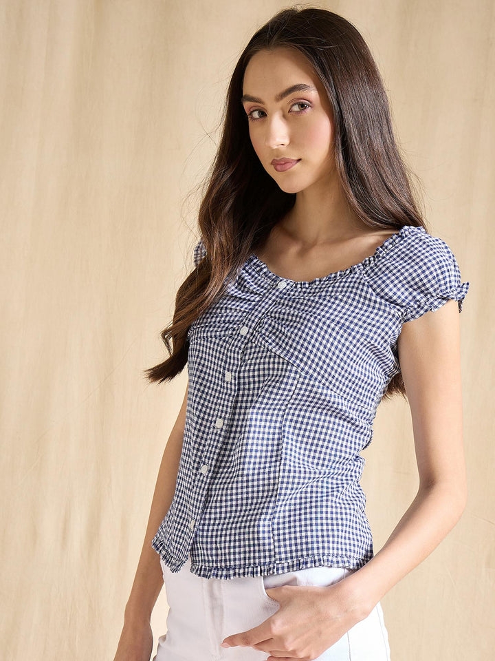 Blue & White Gingham Check Cotton Top with Cap Sleeves