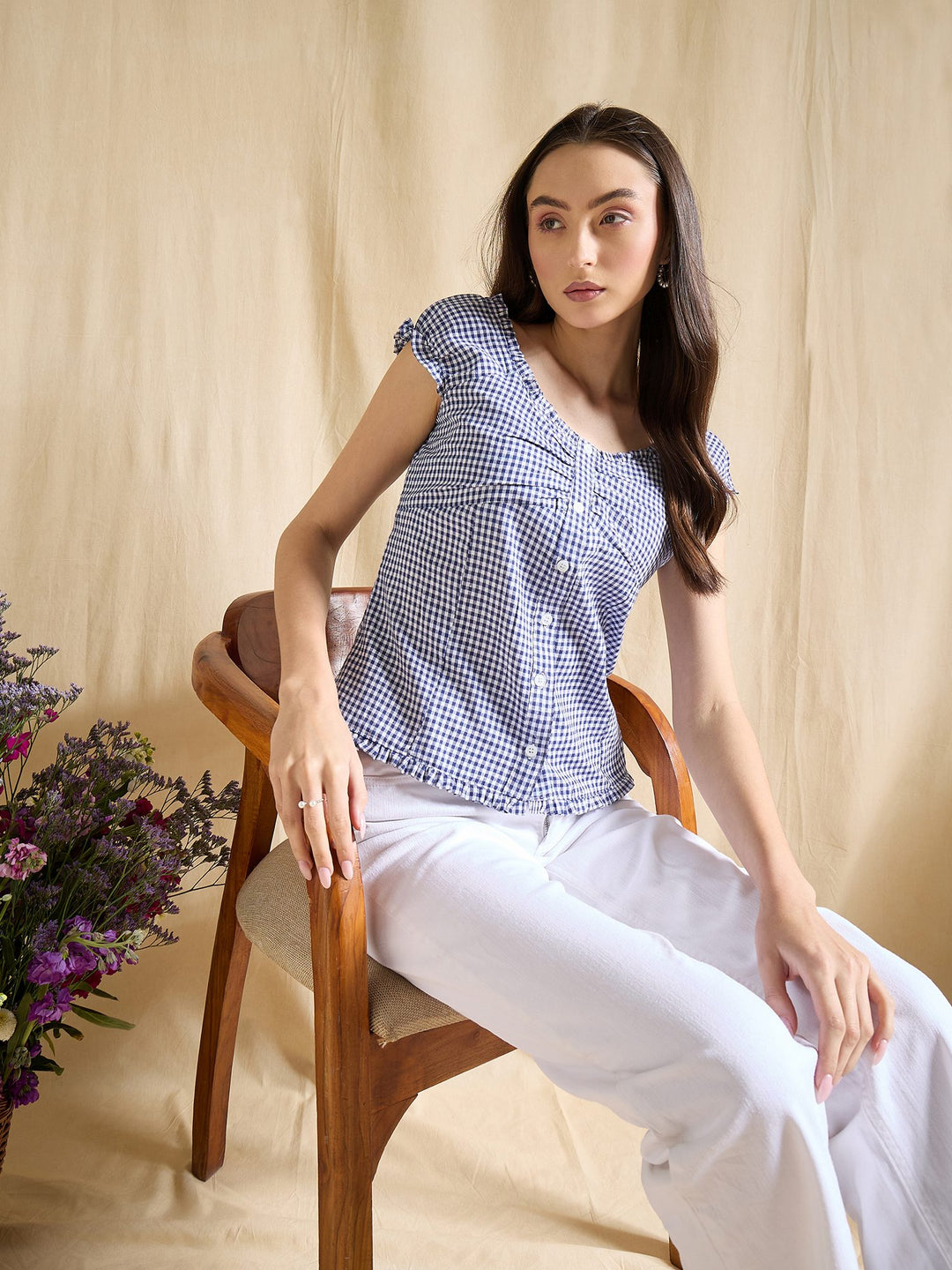 Blue & White Gingham Check Cotton Top with Cap Sleeves