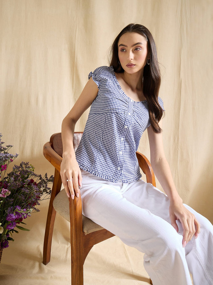 Blue & White Gingham Check Cotton Top with Cap Sleeves