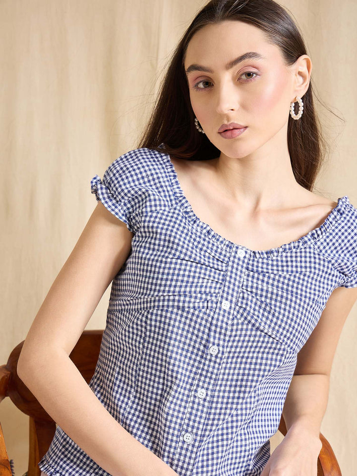 Blue & White Gingham Check Cotton Top with Cap Sleeves