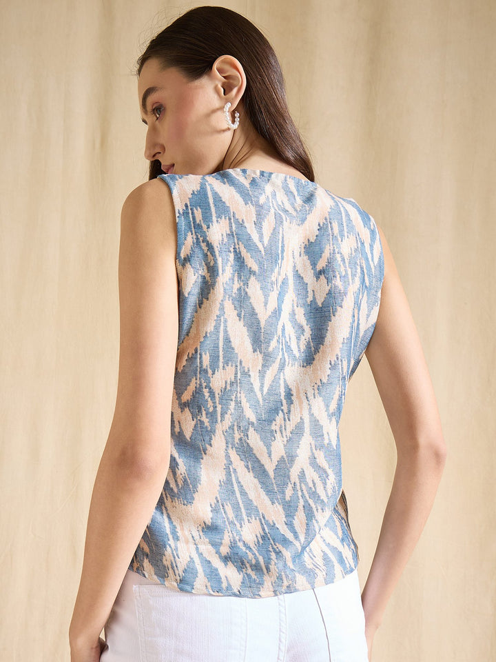Blue Printed Wrap Top Sleeveless V-Neck Casual Summer Blouse