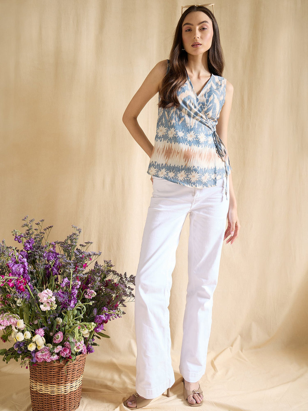 Blue Printed Wrap Top Sleeveless V-Neck Casual Summer Blouse