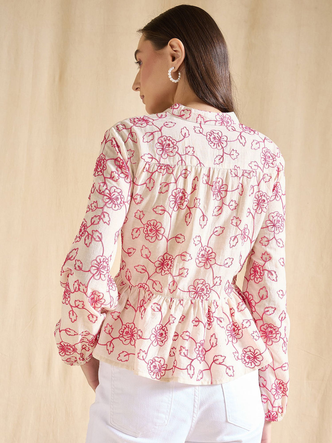 Floral Embroidered Cotton Peplum Top with Tie-Up Neck