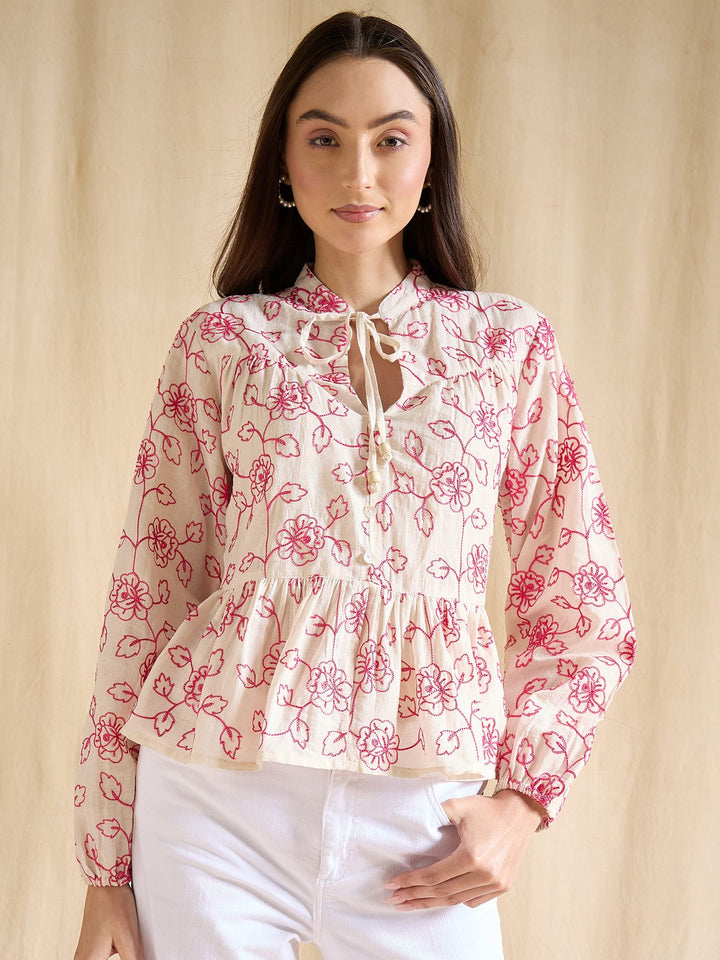 Floral Embroidered Cotton Peplum Top with Tie-Up Neck