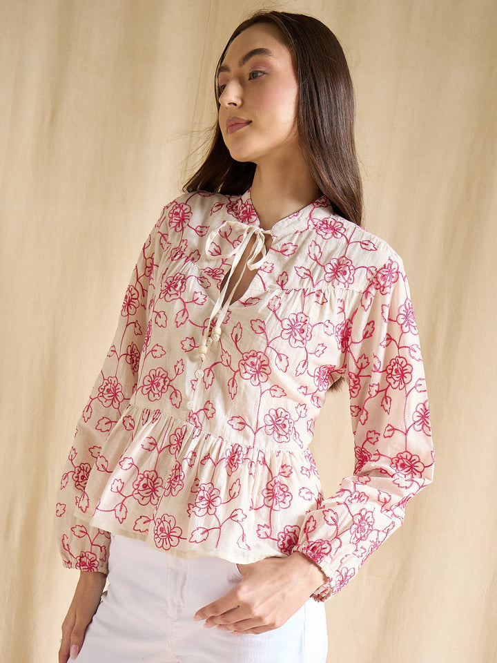 Floral Embroidered Cotton Peplum Top with Tie-Up Neck