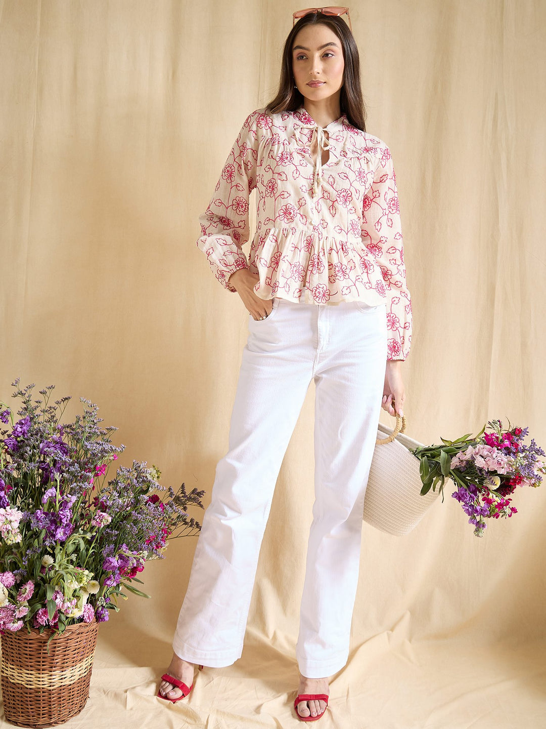 Floral Embroidered Cotton Peplum Top with Tie-Up Neck