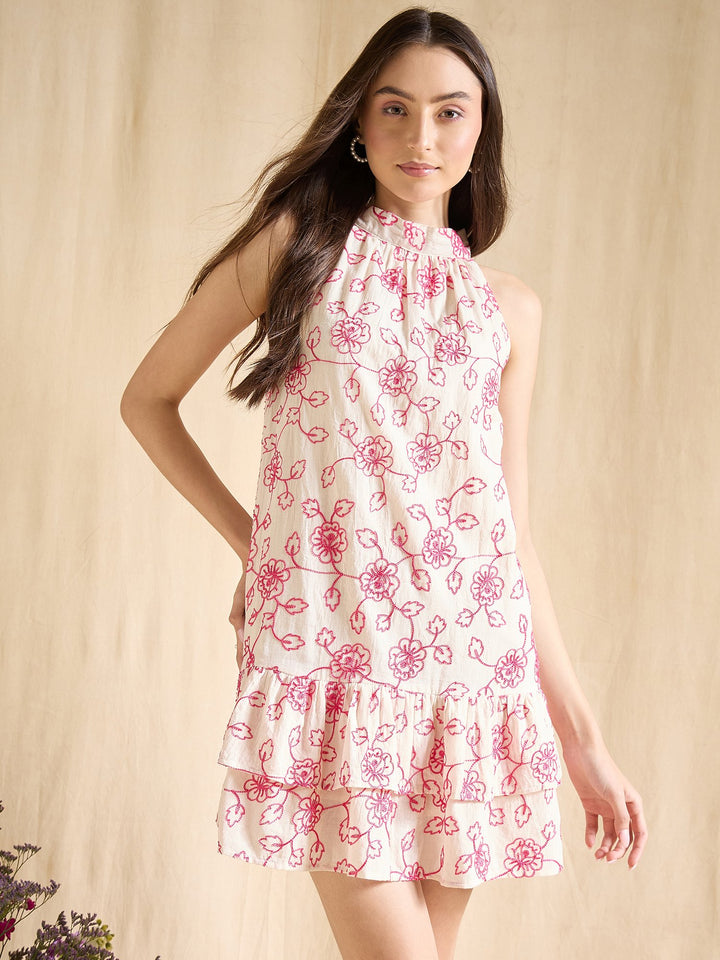 Floral Embroidered Halter Neck Ruffle Hem A-Line Mini Dress Casual