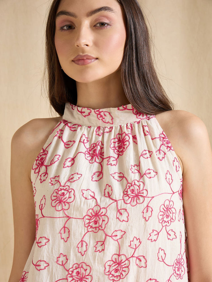 Floral Embroidered Halter Neck Ruffle Hem A-Line Mini Dress Casual