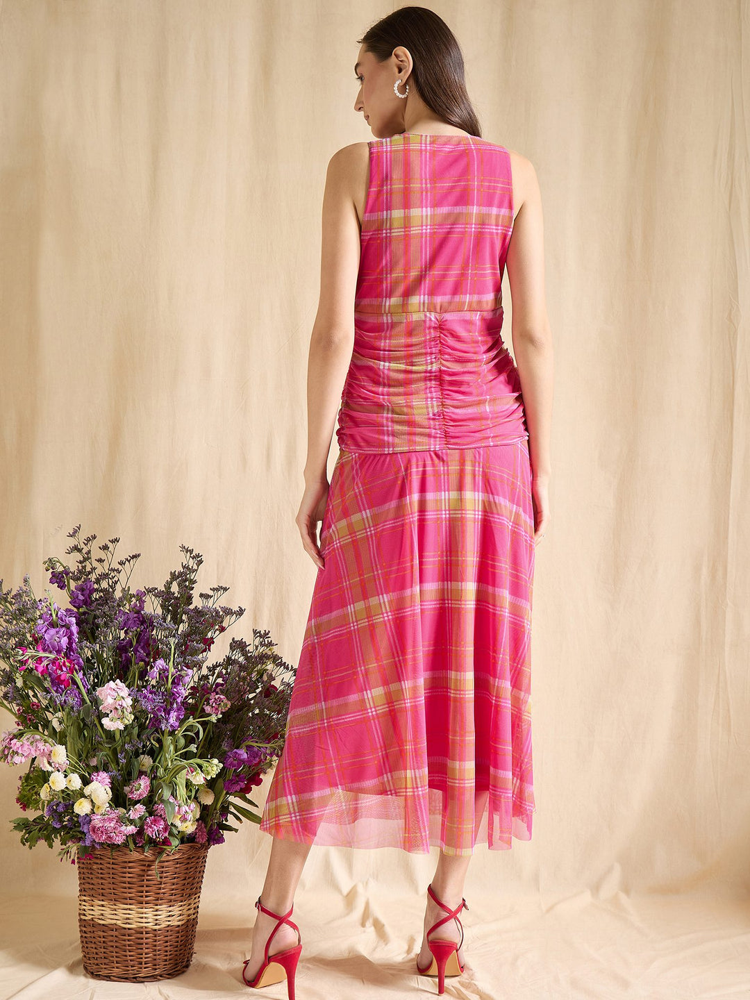 Pink Plaid Ruched Waist Sleeveless V-Neck Midi Dress Casual
