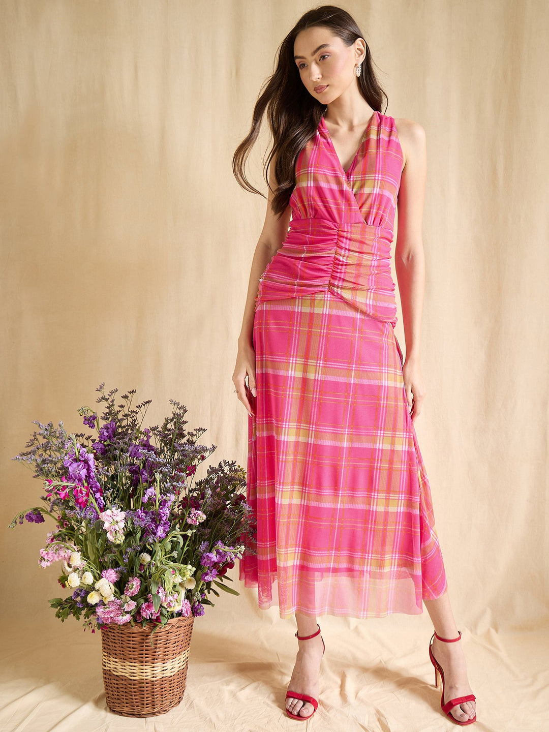 Pink Plaid Ruched Waist Sleeveless V-Neck Midi Dress Casual